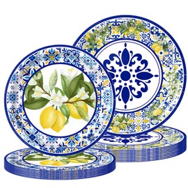 ZRLABL Lemon Floral Disposable Paper Plates, 40 Pack, 9 Inch Dinner and 7 Inch Dessert Plates, Lemon Design for Wedding Birthday Garden Party (Lemon-Plates)