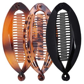 Pack of 3 banana clips (shiny black, 1 piece + tortoiseshell 1 piece + leopard 1 piece), banana clip hair, banana hair clip, vintage style, banana clip, thick hair women, hair banana for long straight