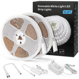 MYPLUS 65.6FT White Strip Lights, Dimmable LED Tape Light 6500K Bright Daylight White, Flexible Under Cabinet Lights with 1200 LEDs and UL Listed Safety Power Supply for Room,Kitchen and décor