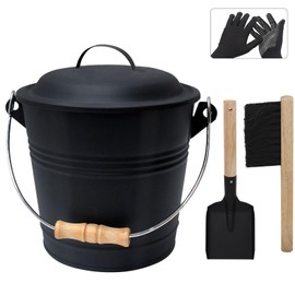 Poofzy Ash Bucket for Fireplace, 3.2 Gallon Metal Fireplace Ash Bucket for Wood Stove, Includes Shovel, Broom and Gloves Indoor & Outdoor
