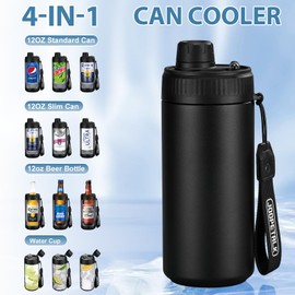 JOOPETALK Universal Can Cooler with Lid Fits All 12oz Cans& Bottles, 100% Leak-Proof Water Bottle, 4-in-1 Insulated Can Cooler for Beer, Soda & Energy Drinks, Dishwasher Safe(Black)