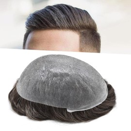 Toupee For Men Hairpiece Mens Hair Replacement System Ultra Thin Skin V-looped Mens Toupee Human Hair Wig 8"X10"-100% Light to Medium Light Density, 320#-3# Dark Brown with 20% Synthetic Grey