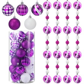 Liliful 30 Pcs 2.4 Inch Christmas Ball Ornaments and 79'' Glitter Candy Ball Garland Christmas Tree Hanging Decorations for Xmas Tree Indoor Outdoor Party Holiday Decoration (Purple and White)