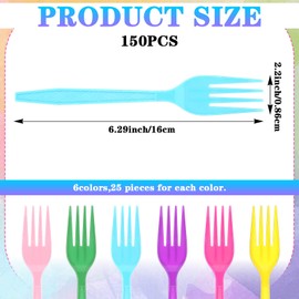 Pastel Plastic Fork - 150 Pcs Disposable Cutlery Set in 6 Macaron Colors Heavy-Duty Utensils for Birthday Wedding Party Supplies, 6.3 Inches