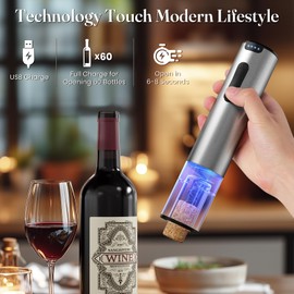 HomeHacks Electric Wine Opener, Automatic Wine Opener with Foil Cutter, Vacuum Stopper, Pourer, Rechargeable Wine Bottle Opener - Party Favor, Christmas Gift for Wine Lover