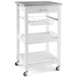 BANGTANE Rolling Cart, 4-Tier Storage Cart w/Stainless Steel Tabletop, Basket, Tray & Slatted Shelf, Kitchen Cart with Wheels, Mobile Kitchen Counter, Utility Trolley Cart, White