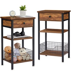VECELO Tall End Side Tables 27 Inch Night Stand with U-Shape Basket and Storage Drawer/Shelf for Living Room/Bedroom/Small Spaces, Set of 2, Hemp Gray