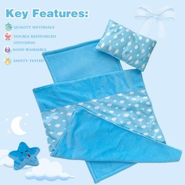 Baby Doll Accessories Bedding Set Soft Blanket Mattress Pillow Dolls Playset Fits 16-18 Inches American Doll Furniture Toy Girls and Boys (Blue)