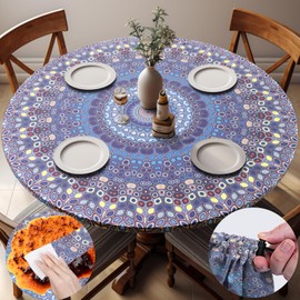 Opstellen Fitted Round Tablecloth for 45-54'' Inch Table Boho Waterproof Vinyl Reusable Summer Fall Tableclothes Campers Inside Outdoors Supplies Kitchen Dining Room Needs White Elephant Gifts