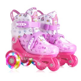 HYKID Toddler Roller Skates, 4 Adjustable Sizes, Fun Illuminating, Safety Three-Point Type, Breathable Upper, Beginners' Roller Skates for Girls Boys Kids (Lovely Angel, XS-Small,8-10.5)