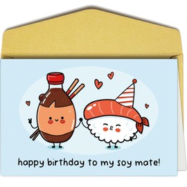 Oamiolek Cute Sushi Birthday Card for Husband Wife, Funny Food Pun Birthday Card for Men Women, Sweet Birthday Card for Soulmate, Happy Birthday Card to My Soy Mate