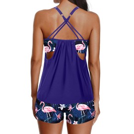 Yonique - Traje de baño tankini para mujer, con pantalones cortos, dos piezas, control de abdomen, Azul y Flamenco, Small