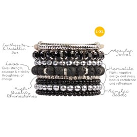 RIAH FASHION Multi Color Stretch Beaded Stackable Bracelets - Layering Bead Strand Statement Wrap Bangles (Natural Stone - Lava/Silver, 8.0 Inches)