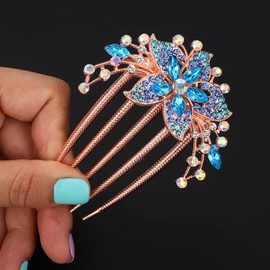 Chargances Gorgeous Blue Crystal Hair Comb Bridal Wedding Flower Rhinestone Gem Side Comb with Long Teeth Decorative Fashion Hair Accessories for Women and Girls (Blue)