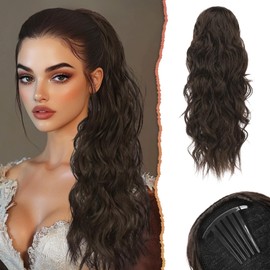 SOFEIYAN Drawstring Ponytail Extension 24 Inch Wavy Curly Clip on Hairpiece Comb Clip in Ponytail Extensions Layered Fluffy Thick Pony Tails Hair Extension Synthetic Hairpieces for Women-Dark Brown
