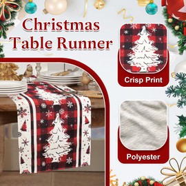 Buffalo Plaid Christmas Tree Christmas Table Runner, Red Winter Holiday Kitchen Dining Christmas Table Decoration for Indoor Outdoor Home Party Decor 13x72 Inch (Christmas Tree)