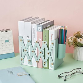 UNICRAFTALE Adjustable Bookends for Shelves 16" Metal Book Ends Dark Sea Green Book Stopper Organzier with Removable Pen Holder for Heavy Books Magazine Holder for Office School Bookstore Study Room