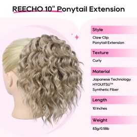 REECHO Ponytail Extension, 10” Short Curly Claw Clip Ponytail Extension for Black Women, Synthetic Fluffy Soft Wavy Pony Tails Hair Extensions, Medium Ash Blonde