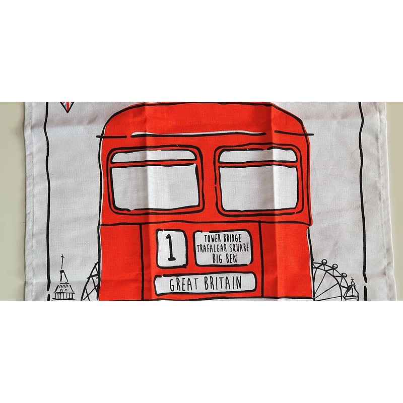 London Bus Souvenir Tea Towel Red Routemaster Cartoon Sketch White