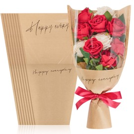 Jutieuo 20 Pcs Mother's Day Flower Bags for Bouquet, 11 x 17.3 Inches Flower Bouquet Wrapping Paper Floral Sleeves, Clear Front Kraft Paper Bouquet Bags Medium Size, Brown