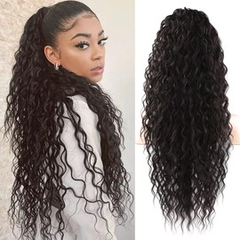 SEIKEA Highlight Drawstring Ponytail Extension, PT005 Isabella 26" Long Bohemian Curly Pony Tail Multi Layered Light Soft Clip in Hair Extensions Ponytail Natural Synthetic Hairpiece Black Brown
