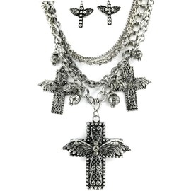 Western Collection Winged Cross Pendant with Charms Necklace with Matching Earrings (Silver Set)