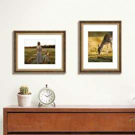 Space Art Deco, 11x14 Ornate Picture Frame for 8x10 Photo with White Mat, High Definition Real Glass for Wall Mounting (Black Gold, 1 Pack)