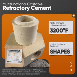 44 Lbs Castable Refractory Cement Mix - 3200°F High Temp, Heat & Fire Resistant for Pizza Ovens, Fireplaces, Forges, Kilns, Stoves - Build & Repair Mortar (44LB)