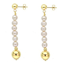 14K Yellow Gold Stud Earrings with 4.5-5mm White Freshwater Cultured Pearl and 8mm Yellow Gold Ball