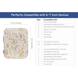 Dadanism 6-7 Inch Padded Sleeve for 7" Kindle Colorsoft Signature Edition and All-New Kindle Paperwhite, Protective Sleeve Pouch Bag Carrying Case for 6" K-indle/K-indle Oasis/Kobo E-Reader,Beige Leaf