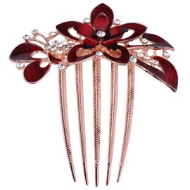 Lurrose Flower Bride Hair Side Comb Rhinestone Bridal Comb Barrette Wedding Hair Accessory for Women (Red)