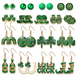 PHALIN 17/22 Pairs St.Patrick's Day Earring Set Glitter Shamrock Earrings for Women, Green Pearl Crystal Clay Stud Earrings Irish Lucky Leaf Hat Earrings St.Patrick's Day Accessories Gifts, Zinc, not
