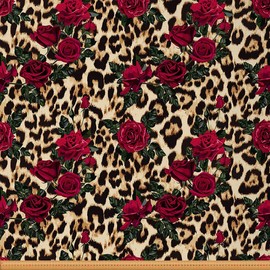 Erosebridal Rose Flower Leopard Print Upholstery Fabric by The Yard - 3D Red Floral Petal Decorative Cheetah Animal Skin Quilting for Kids, Girls, Women - Brown, 1 Yard