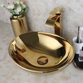 GLOBAOSALU Gold Bathroom Vessel Sinks With Faucet And Drain 17"x14" Oval Ceramic Bowl Sinks For Bathrooms Above Counter Oval Bathroom Basin Sinks Artistic Ceramic Vessel Sink Gold Bathroom Sinks