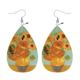 Zokola Sunflowers Cute Dangle Earrings, Retro Sunflowers In Vase Painting Lightweight Leather Earrings Teardrop Leaf Earrings Jewelry Women Teen Friends