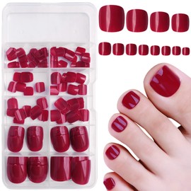Bellelfin Press on Toenails 120pcs Short Square Fake Toenails Full Cover Burgundy Glossy Acrylic False Toe Nails Tips with 5 Sheets Adhesive Glue Tabs for Women and Girls Foot Decor