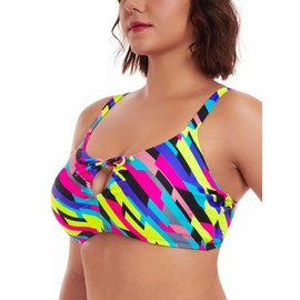 Ocean Blues Women's Retro Bikini Top with Neckline Details and Lace-Up Back Padded Swim Top, Neon Stripe, XL