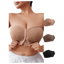 SOLY HUX Women's Plus Size Seamless Front Closure Bandeau Bra Push Up Wireless Strapless Bralettes 3 Piece Set Black Brown Multi 2XL