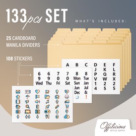 25 Manila Index Card Box Dividers 5x8, Index Card Dividers with Tabs & 108 Stickers, Index Recipe Card Dividers, Alphabetical File Dividers Cards, Alphabet Dividers for 5x8 Index Card Box
