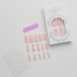 24 PCS Press on Nails Long Square Fake Nails Glossy Glue on Nails White French Tip Colorful Flowers Acrylic Nail Supplies Squoval Artificial Nail Art Flower Stick on False Nails with Design DIY