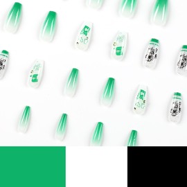 St. Patrick's Day Press on Nails Square Clover Artificial Coffin Medium Fake Nails with Green Clover Glitter Designs Ireland Shamrocks Full Cover Acrylic False Nails Glue ons Fingernails for Women