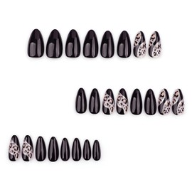LPOODDNU Black Press on Nails Almond Fake Nails Medium Length False Nails with Leopard Designs Glue on Nails Glossy Full Cover Stick on Nails Cute Acrylic Nails Press ons for Women Manicure Kit 24Pcs