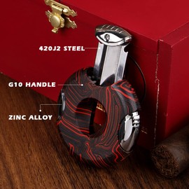 KEENSUN Round G10 V-Cut Cigar Cutter (Red and Black Texture),60 Ring Gauge, Ergonomic Design with Secure-Lock,2 Pack Set with Gift Box (Cigar Cutter and G10 Cigar Holder)