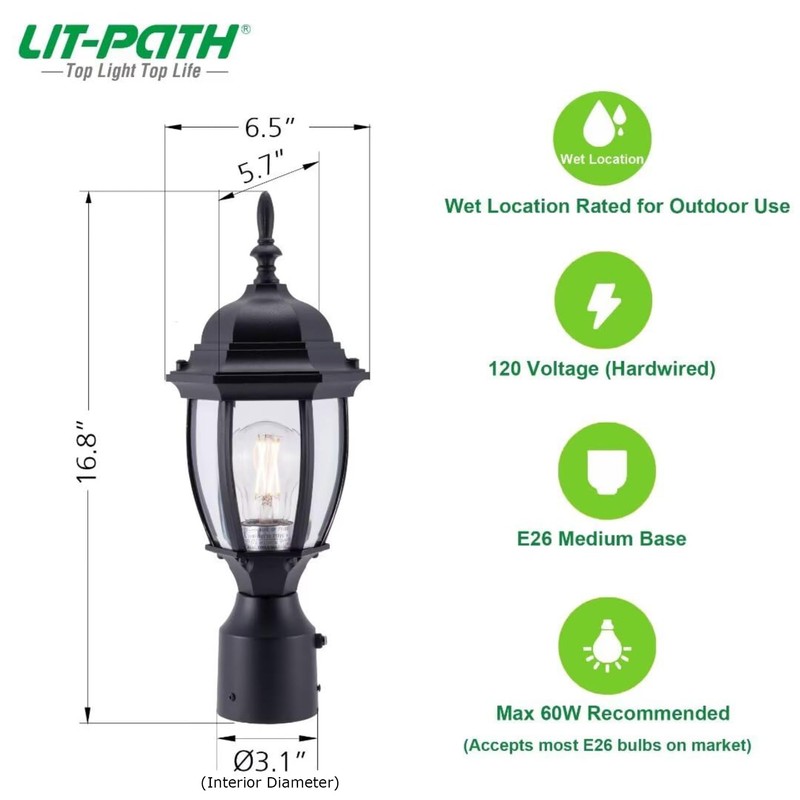 LIT-PaTH Dusk to Dawn Outdoor Post Lighting Fixture Pole Lantern,