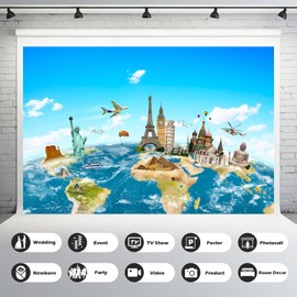 7x5ft Worldwide Continent Backdrop Globe Travel Map Background Famous Landmark Scenery Photography Background Around The World Adult Infant Baby Portrait Photo Studio Wallpaper Props
