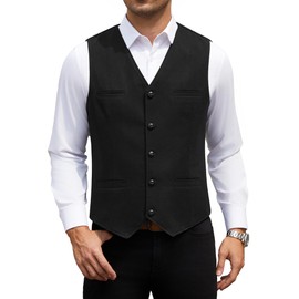 HISDERN Suit Vest for Men Vintage Casual Tweed Vest Men's Herringbone Wool Vest Formal for Wedding Business with Pockets, Black, XL