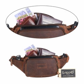 Lozano Italy Vintage Leather Bum Bag, Brown, Belt Bag with Multiple Compartments, Crossbody Waist Bag, brown, vintage