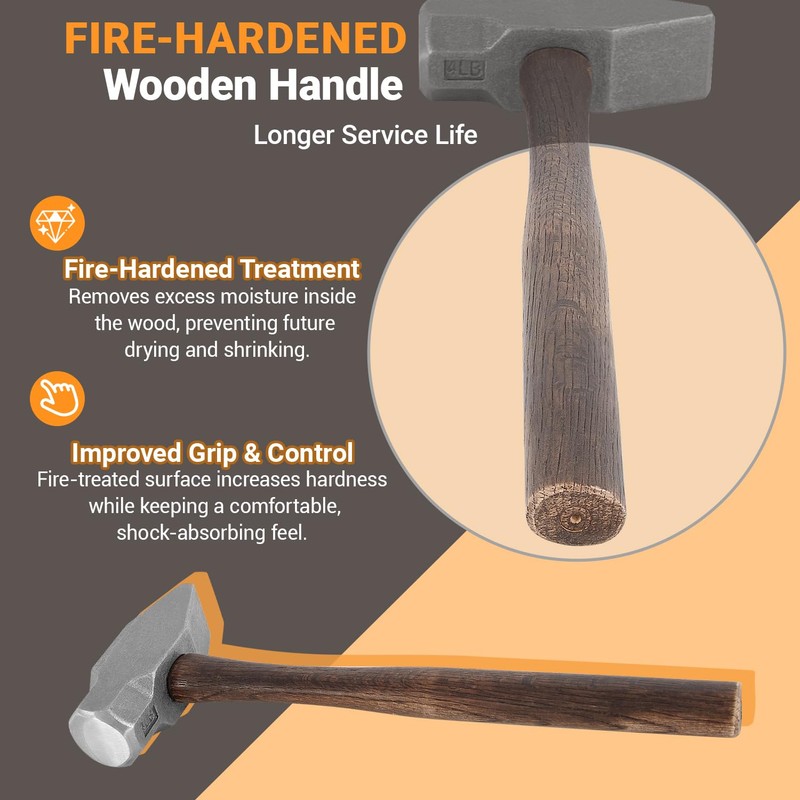 Blacksmith Hammer 4lb Heavy-Duty Forged Steel Cross Peen Hammer for