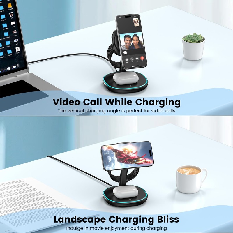 3 in 1 Wireless Charging Station for Multiple Devices Black