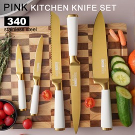 Kitchen Knife Set with Block and Sharpener, 7-Piece Knife Set for Chef, Beige Knife Holder Set, Gold-Plated Stainless Steel Kitchen Knife, Ergonomically Designed (Beige)